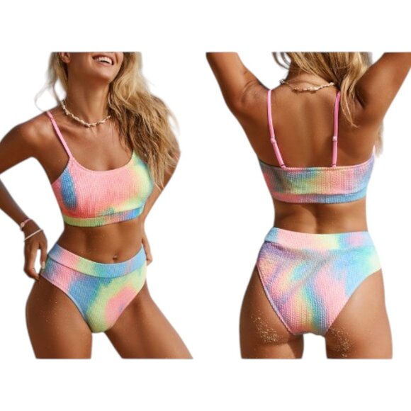 CUPSHE NWT Womens Rainbow Tie-Dye Ribbed Scoop Neck Swim Bikini Size L - Picture 1 of 8